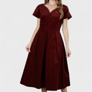 Elegant Burgundy Party Wear Midi Dress for Women – Sophisticated Evening & Occasion Look